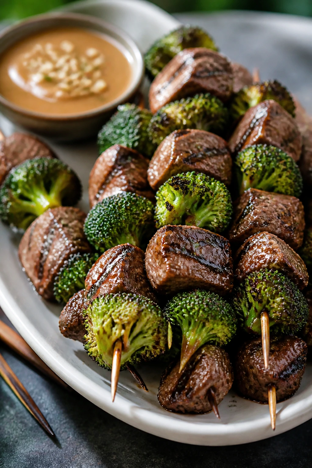 Close-up of beef and broccoli skewers with peanut sauce