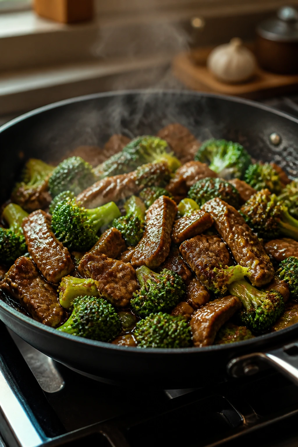 Beef and broccoli in a glossy skillet with steam