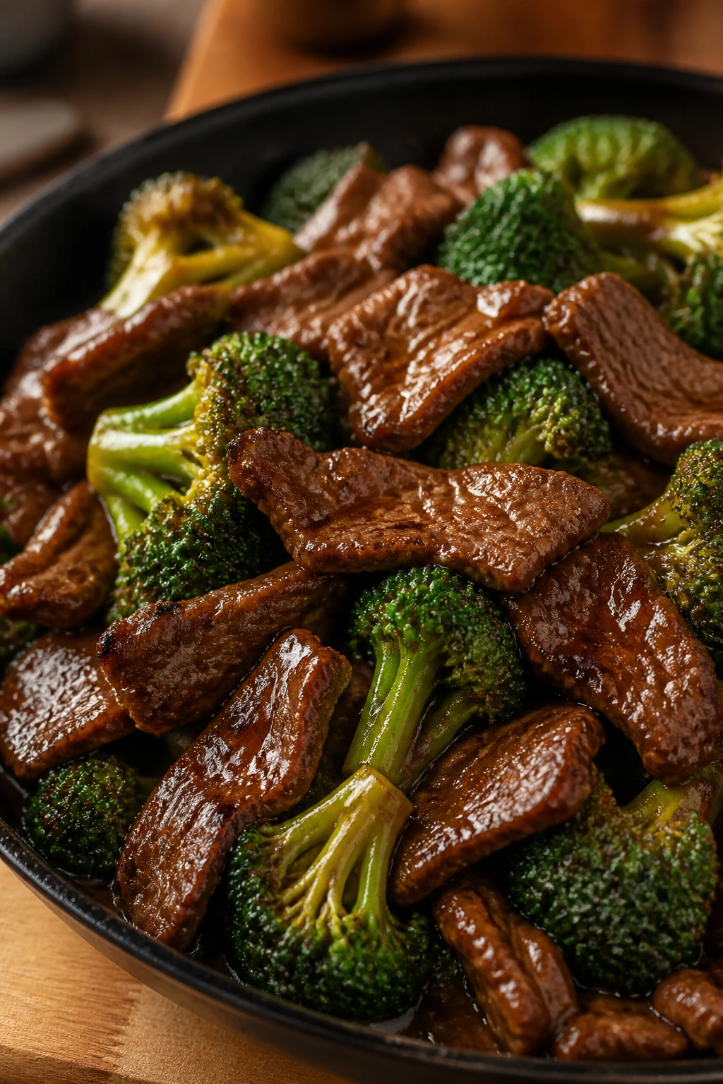 Close-up of beef and broccoli in a glossy skillet, with crisp broccoli