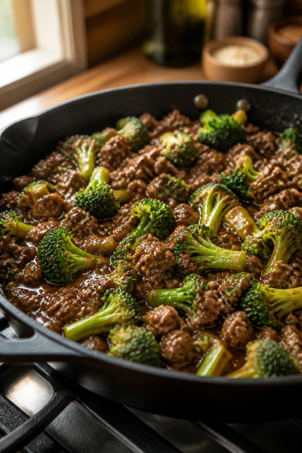 Close-up of browned ground beef with broccoli in a glossy skillet sauce