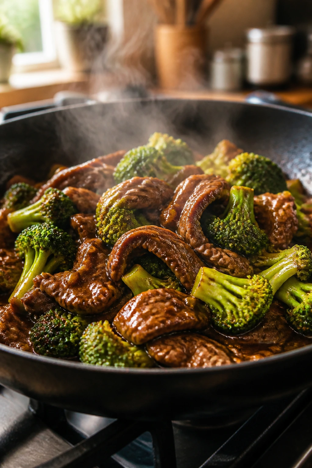 Close-up of glossy beef and broccoli in a skillet, ready for a quick stir-fry