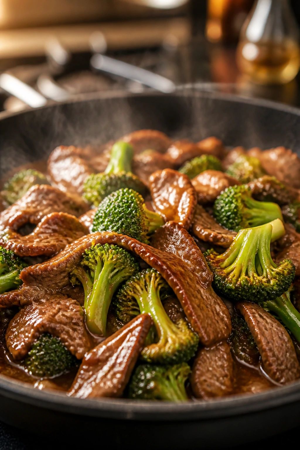 Close-up of glossy beef and broccoli in a skillet with steam in a warm kitchen
