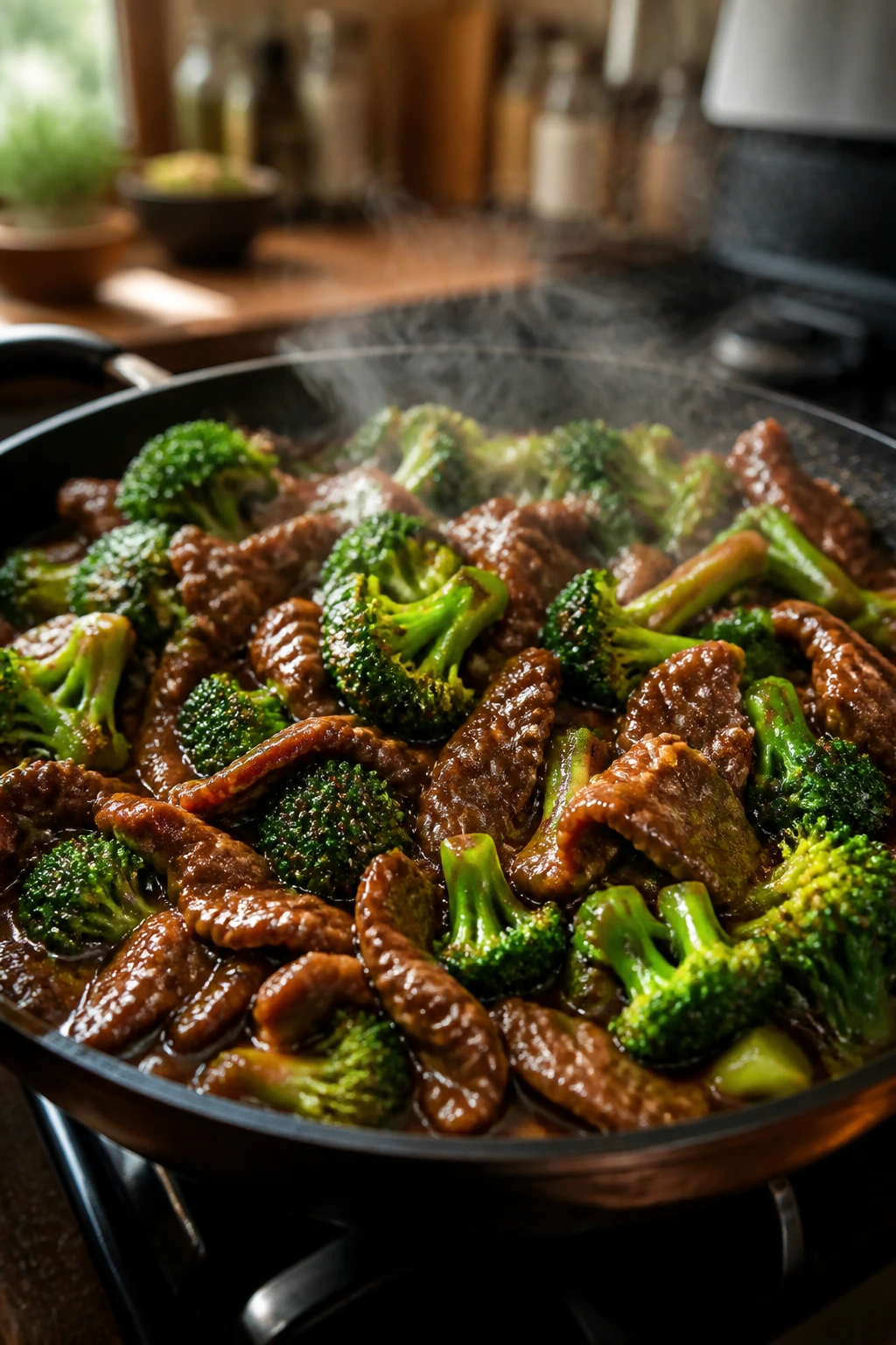 Close-up of glossy beef broccoli in a sizzling skillet