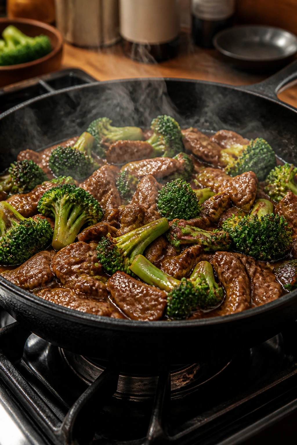Skillet with sizzling beef broccoli in glossy sauce