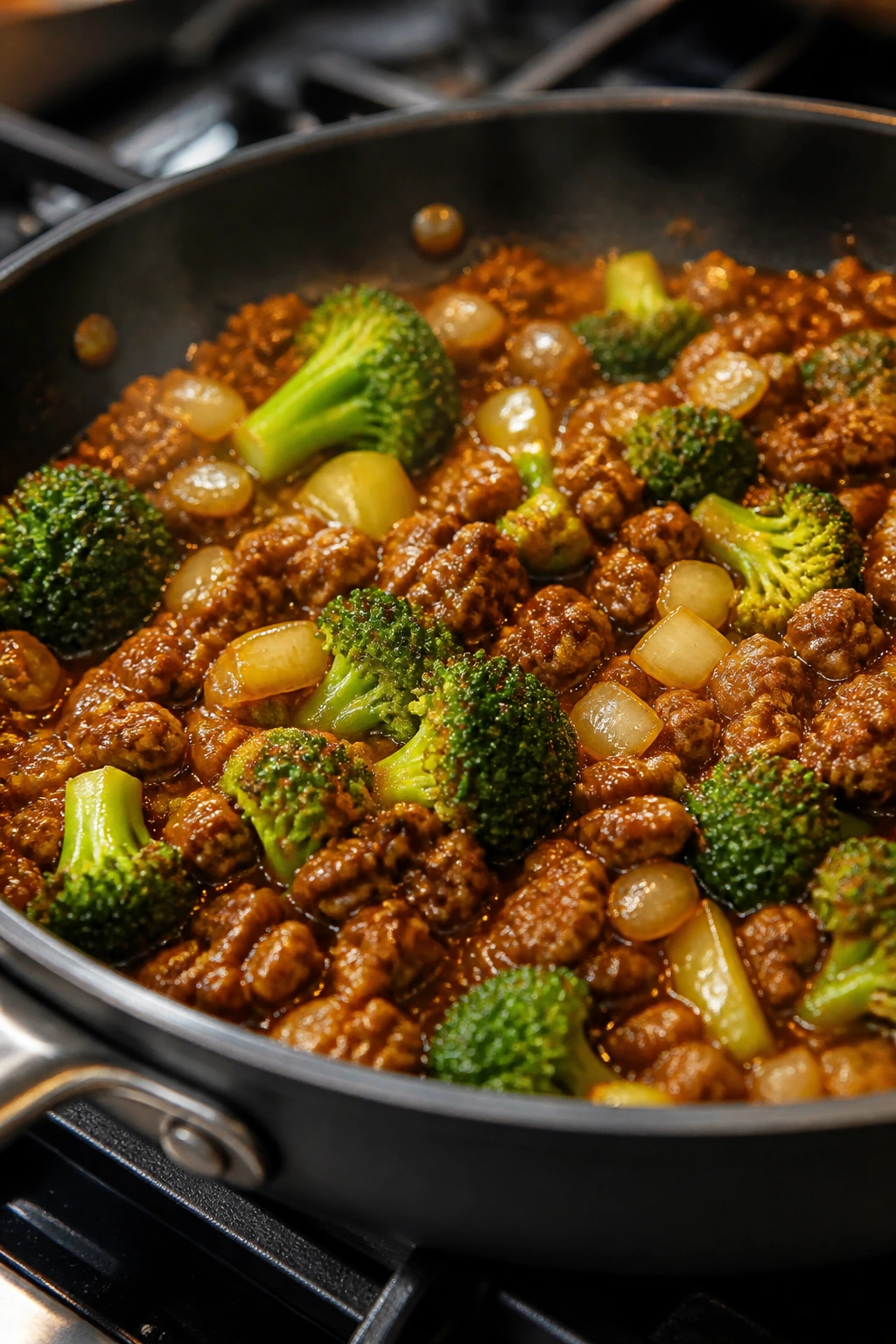 Close-up of a skillet with beef, onions, broccoli and glossy sauce in a home kitchen