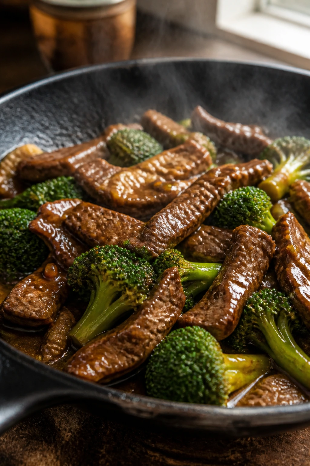 Close-up of beef and broccoli in glossy sauce on a skillet