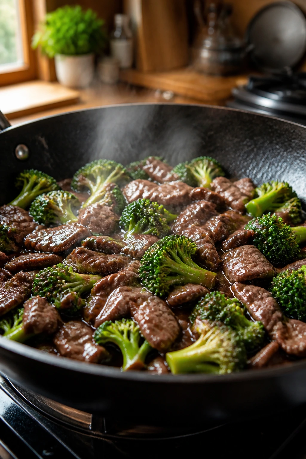Close-up of beef and broccoli cooking in a skillet with steam