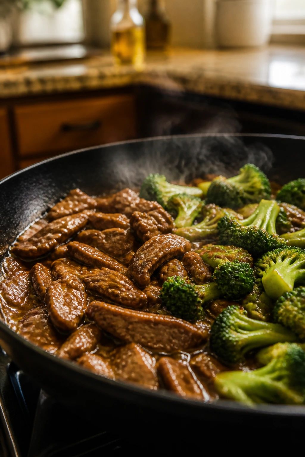Sizzling beef and broccoli in a skillet showing glaze and steam