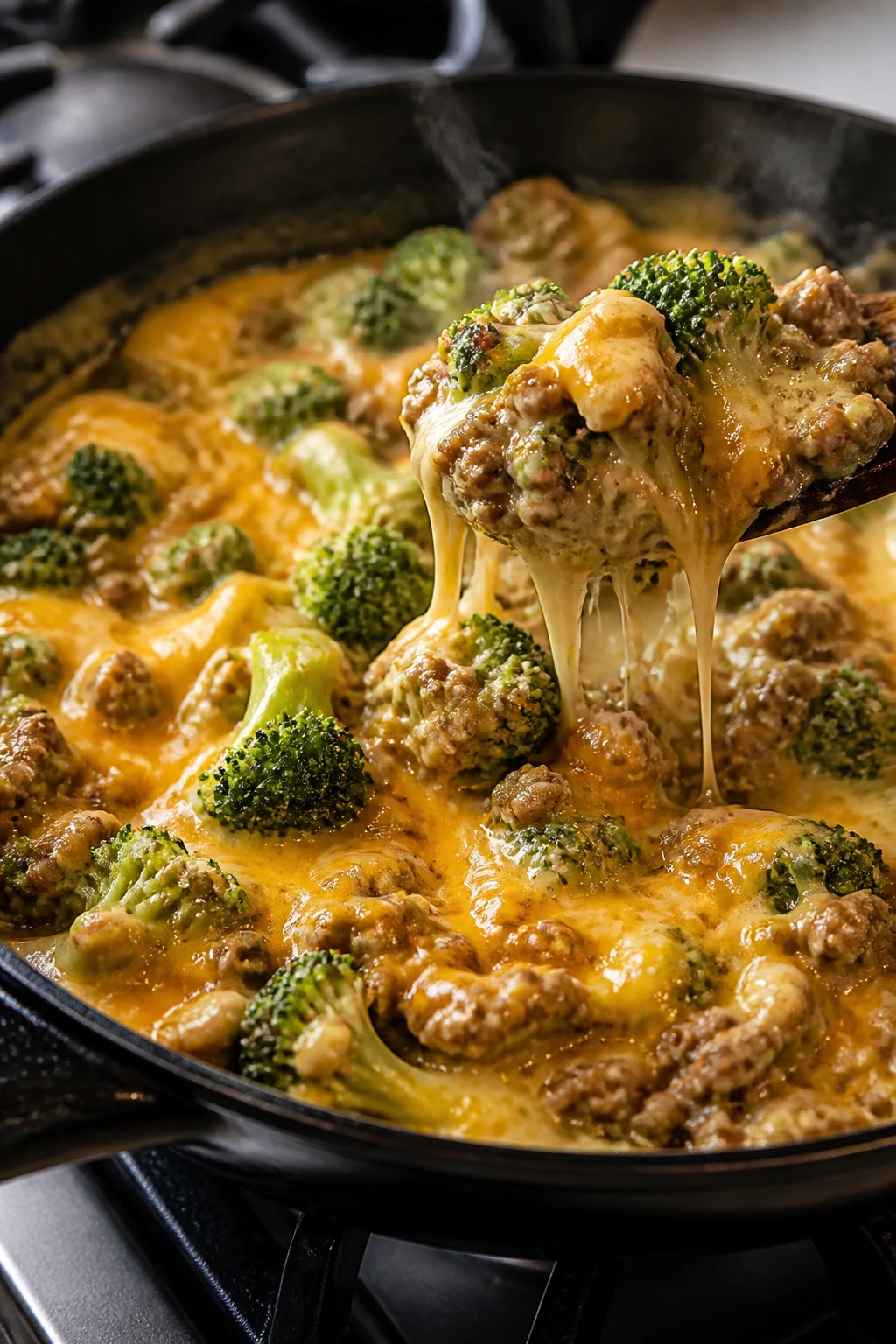 Skillet with beef, broccoli, and melted cheddar