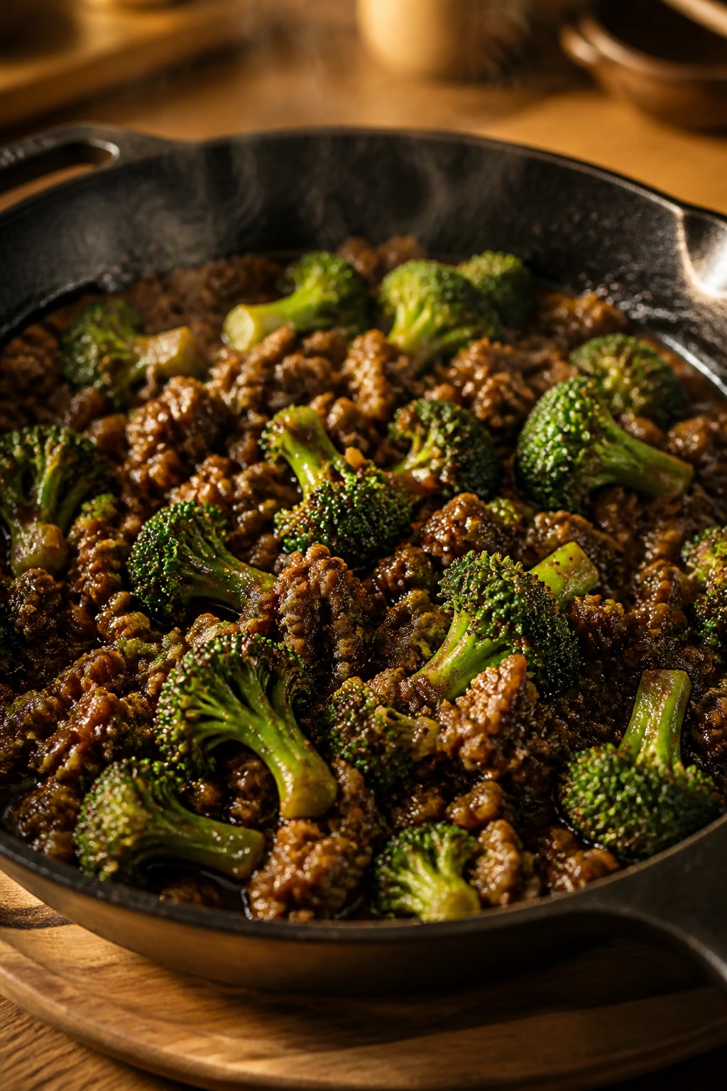 Glossy beef and broccoli skillet close-up in a kitchen setting.