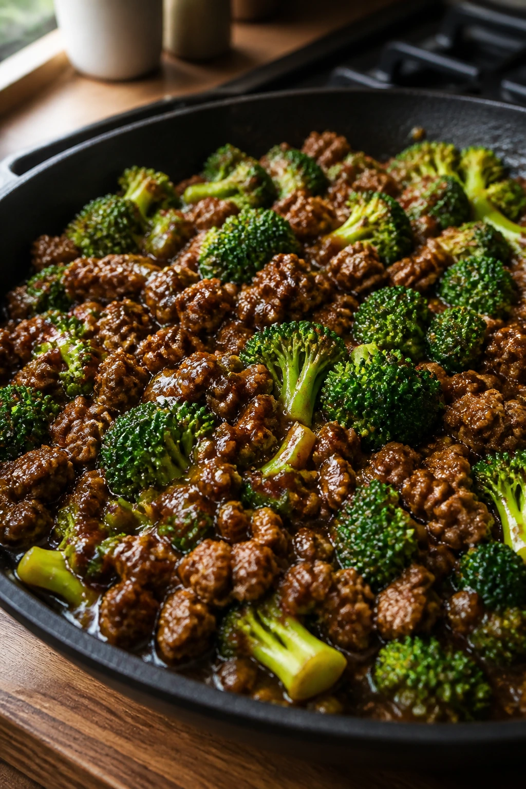 Close-up of beef and broccoli in a glossy skillet with warm kitchen lighting