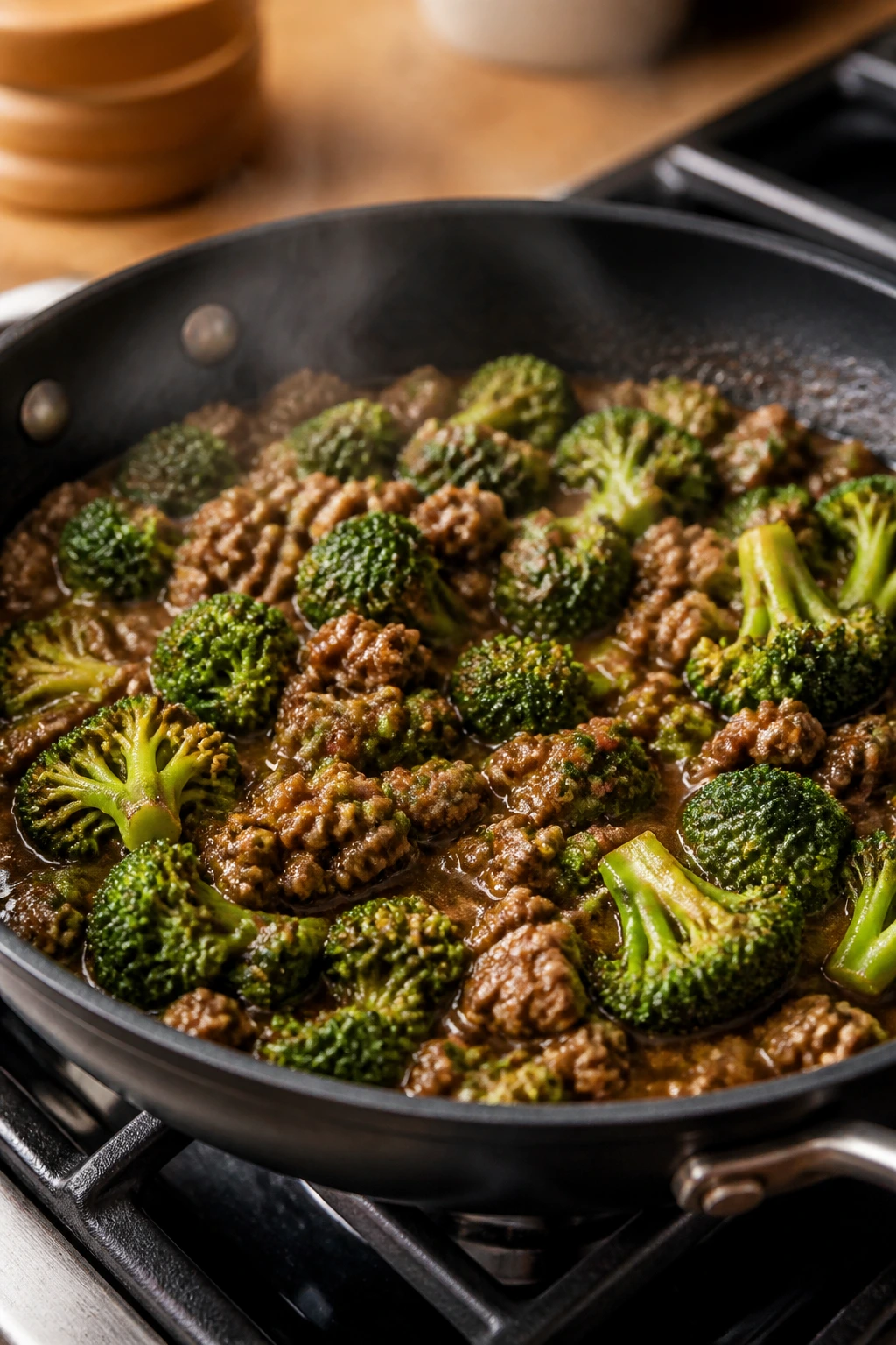 Skillet with browned beef and bright green broccoli in glossy sauce, home kitchen scene