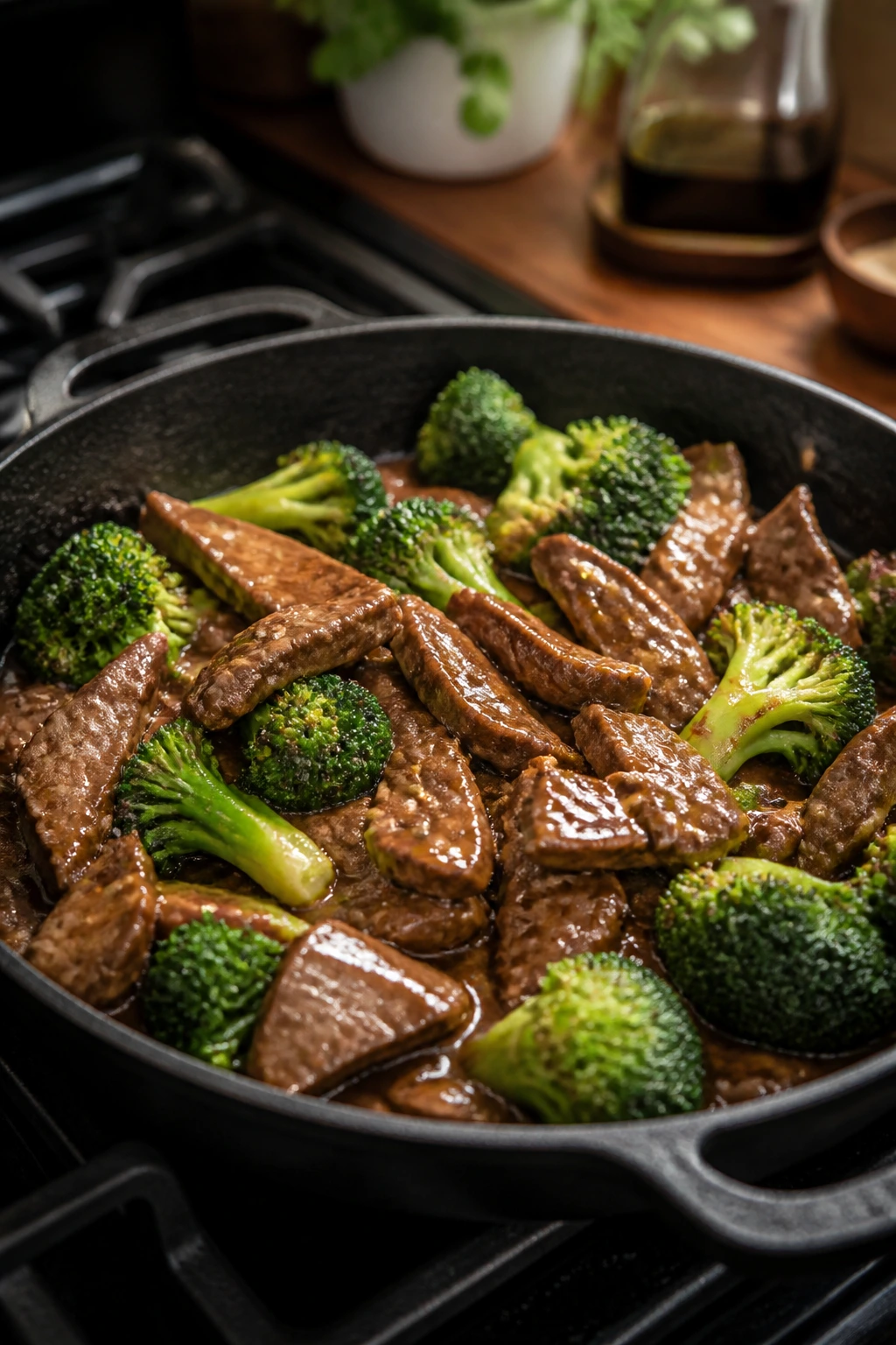 Close-up of lean beef and broccoli in a skillet with glossy sauce