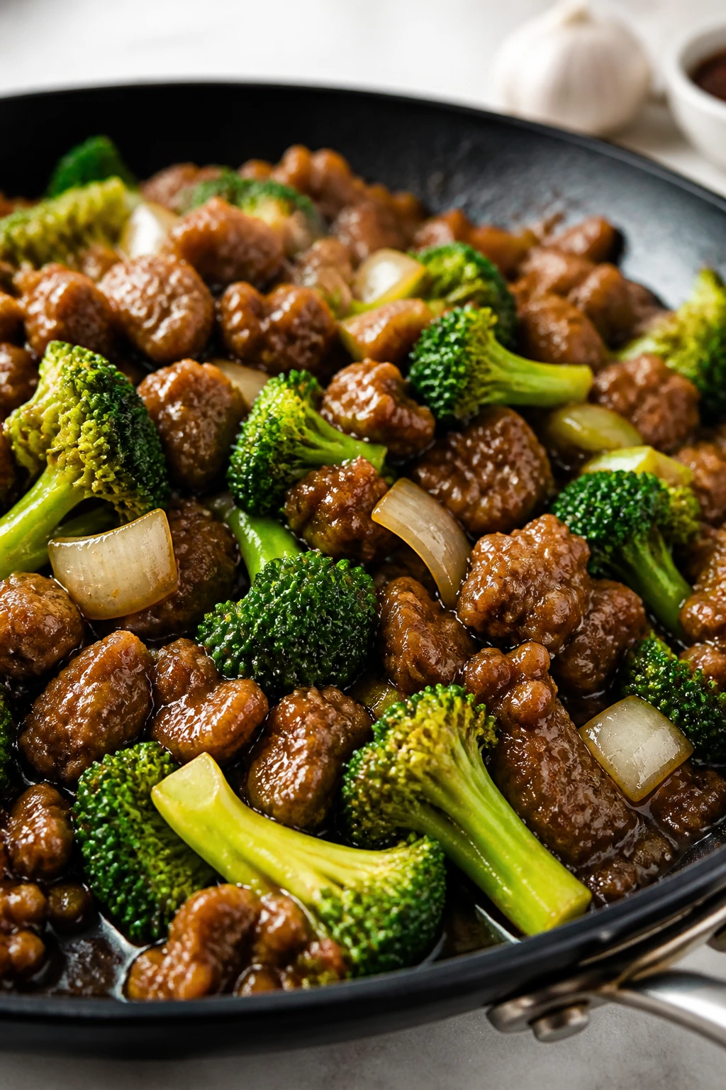 Beef and broccoli skillet in a pan showing minimal ingredients