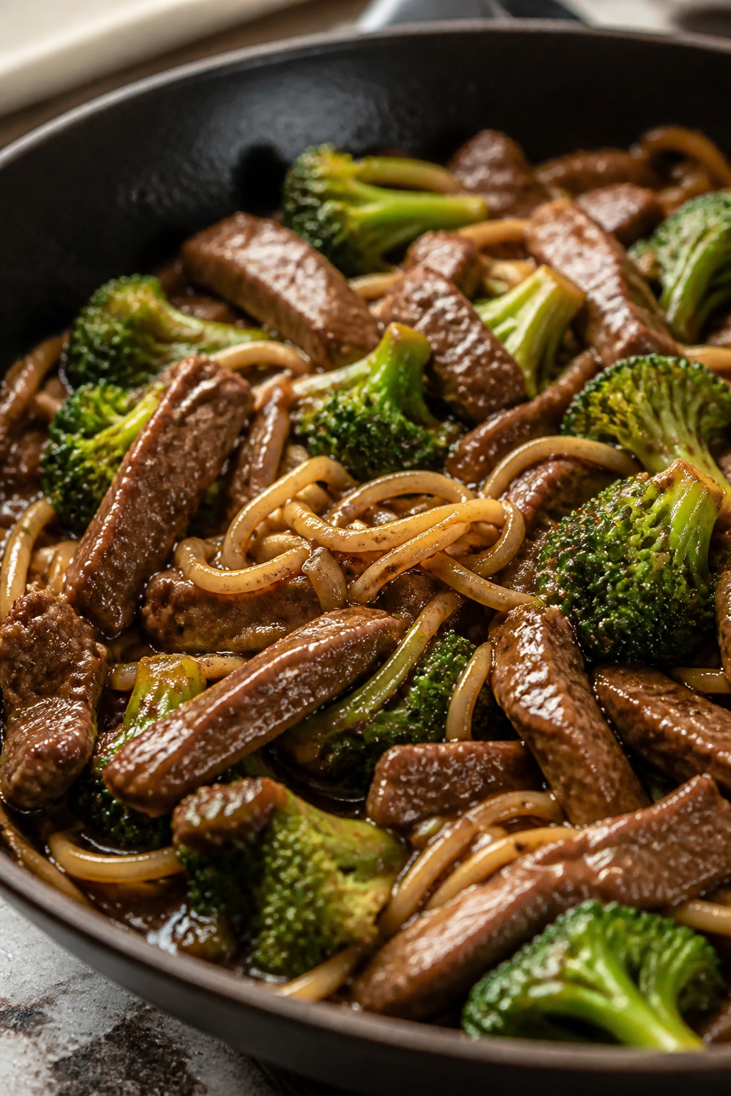 Beef broccoli noodle skillet with glossy sauce and broccoli