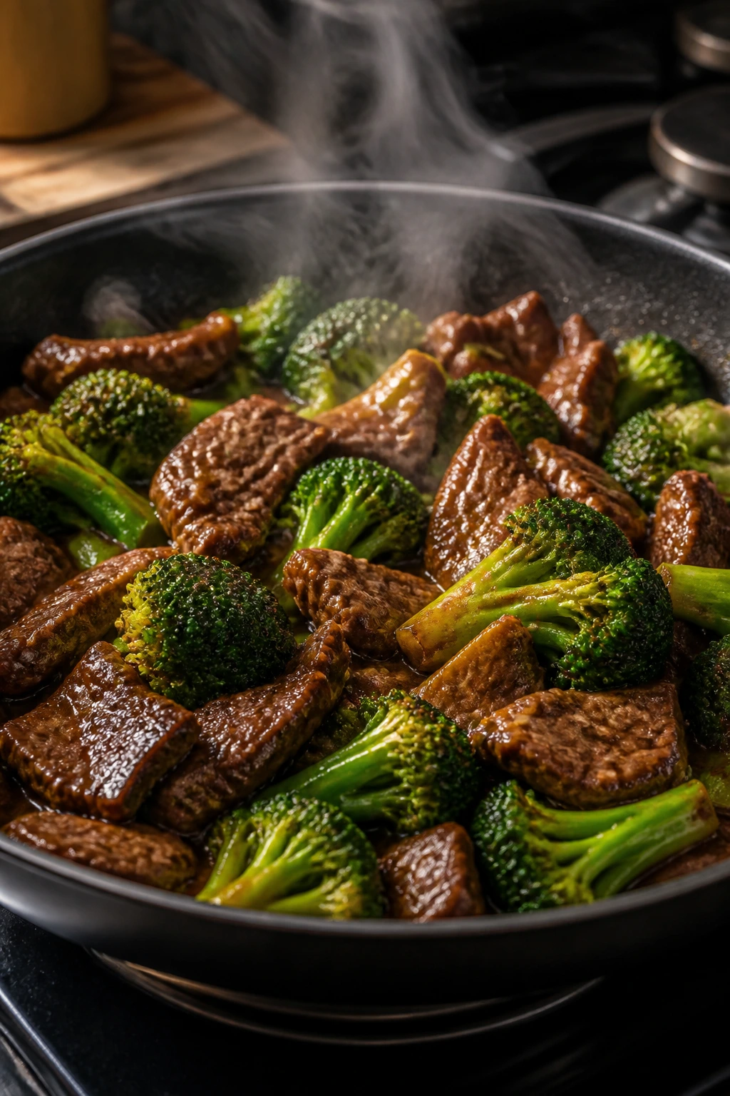 Beef and broccoli sizzling in a skillet on the stove