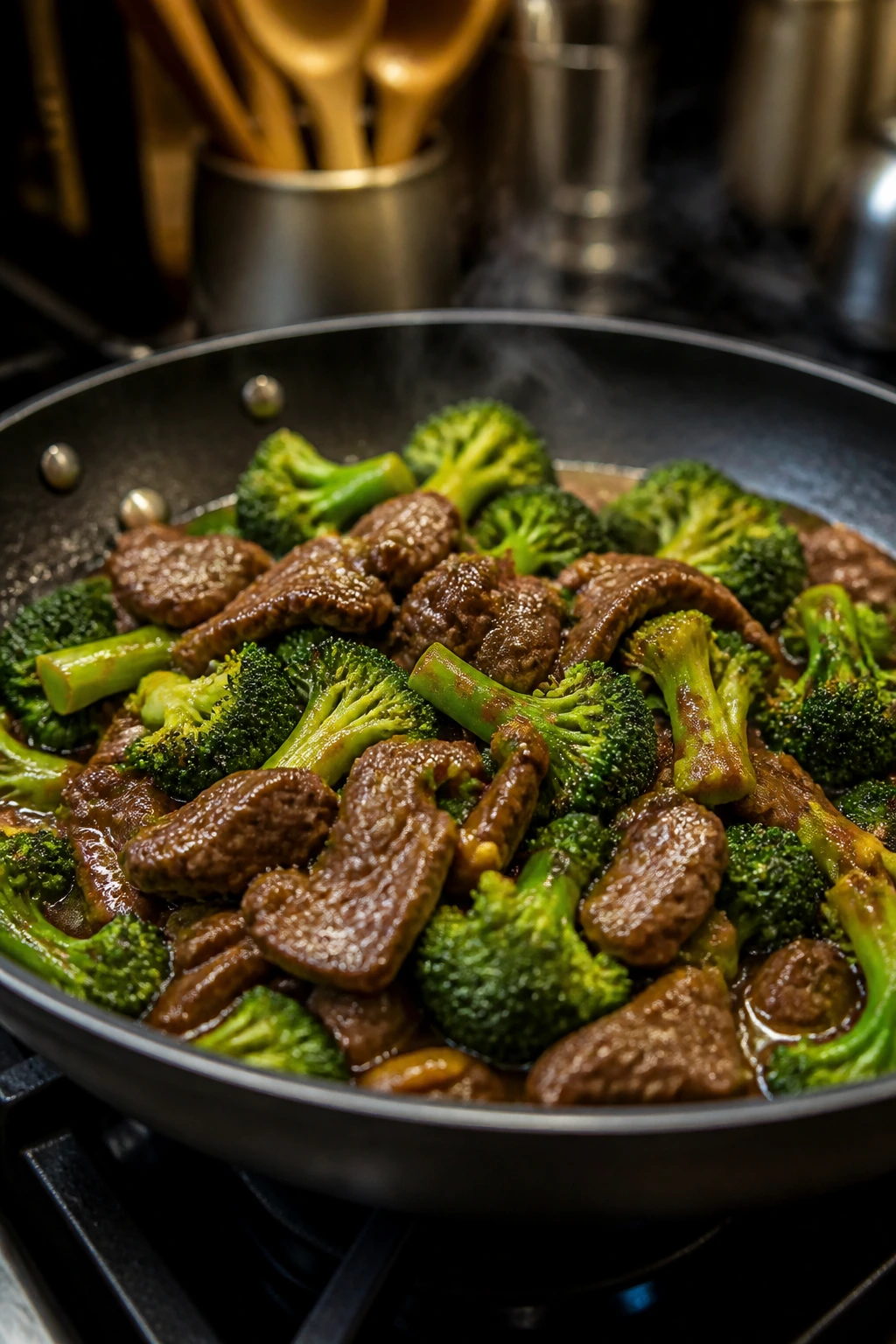 Beef and broccoli cooking in a skillet on the stove