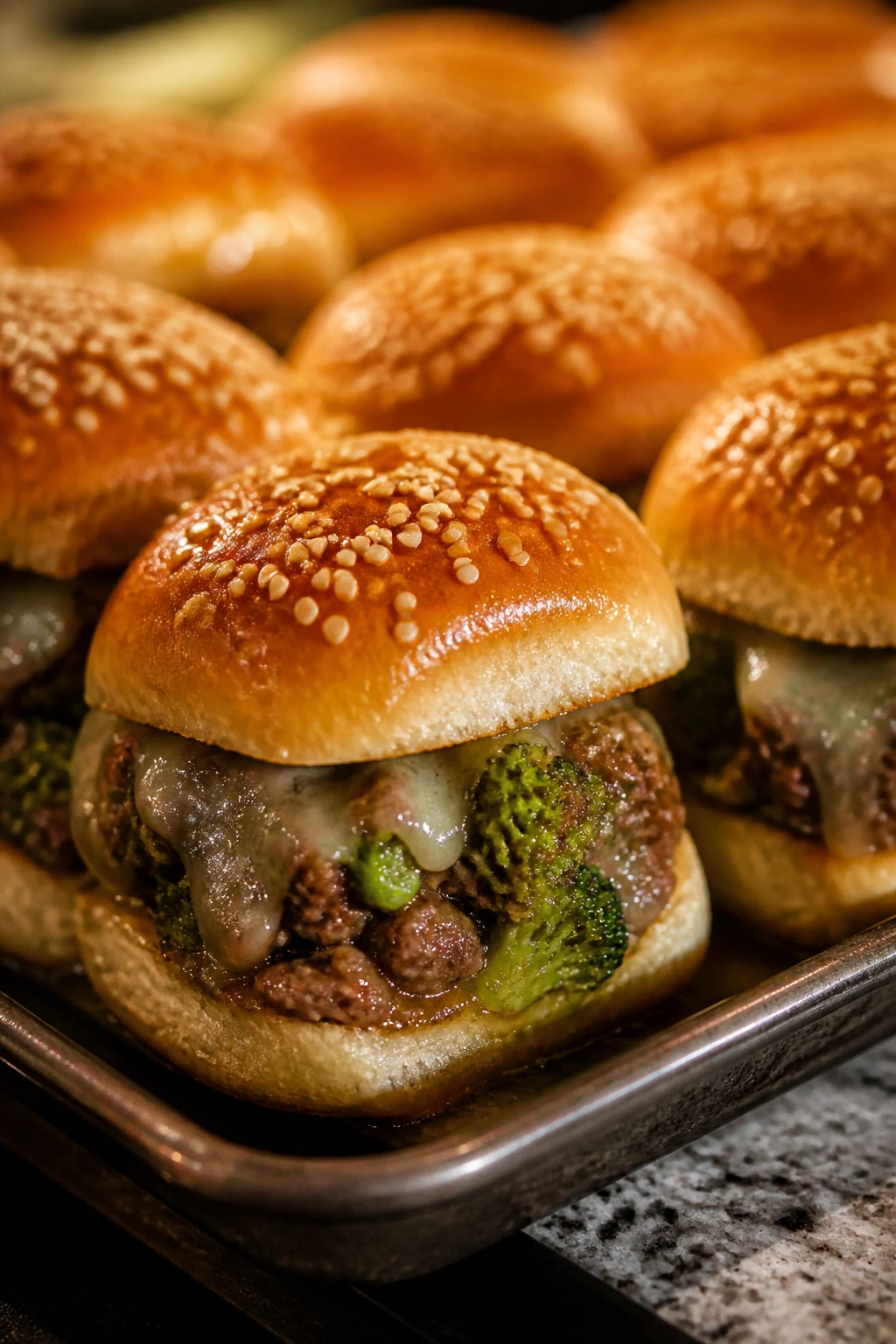 Row of beef and broccoli sliders with melted cheese