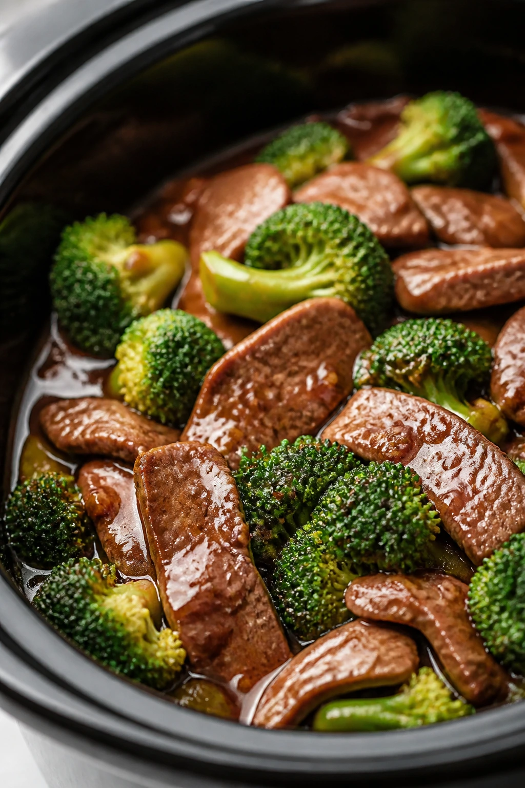 Beef and broccoli in glossy sauce on plate