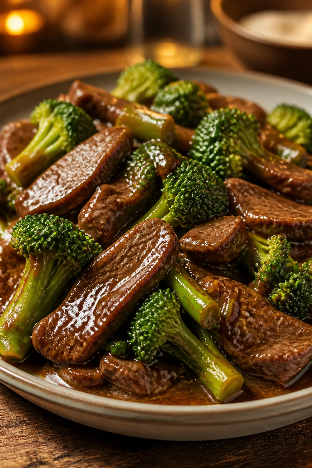 Beef and broccoli in glossy sauce on plate.