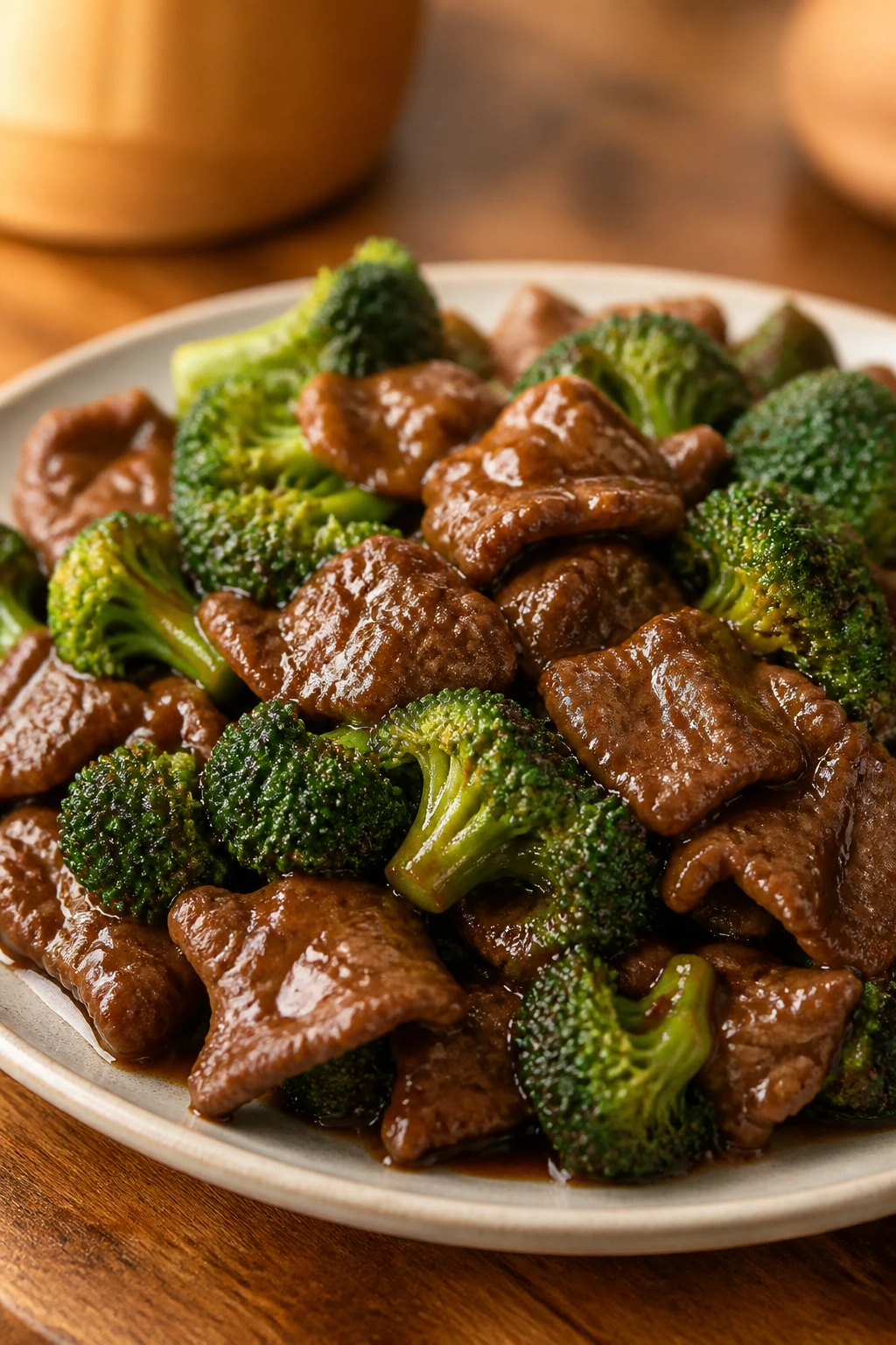 Close-up of beef and broccoli in glossy slow-cooked sauce