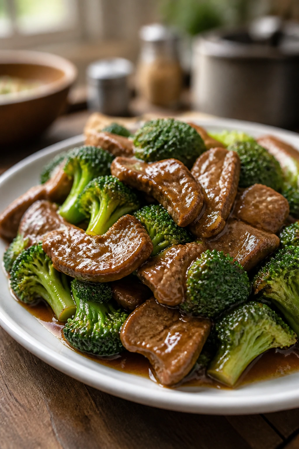 Close-up of glossy beef and broccoli on a plate in warm kitchen light