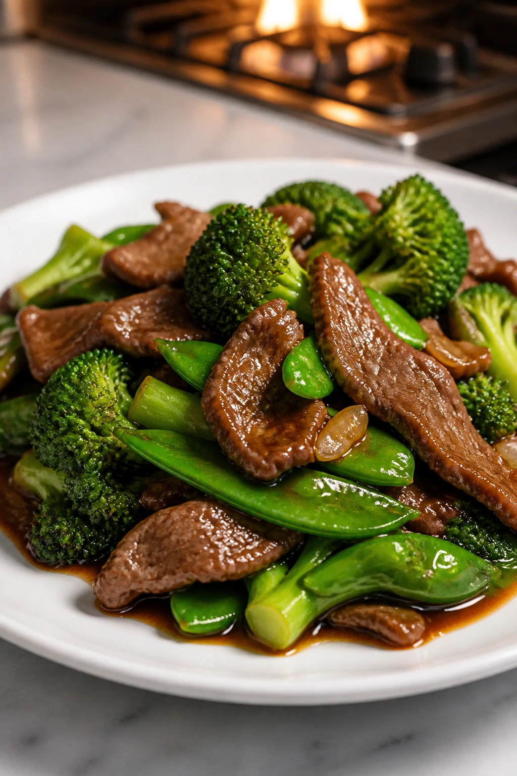 Glossy beef with broccoli and snow peas on a white plate