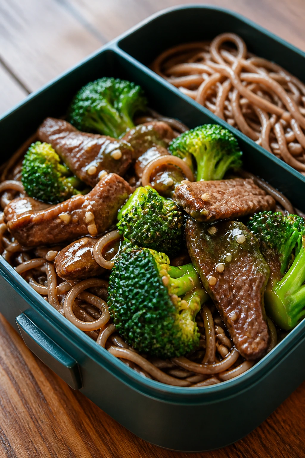 Open lunch box with beef, broccoli, and soba noodles