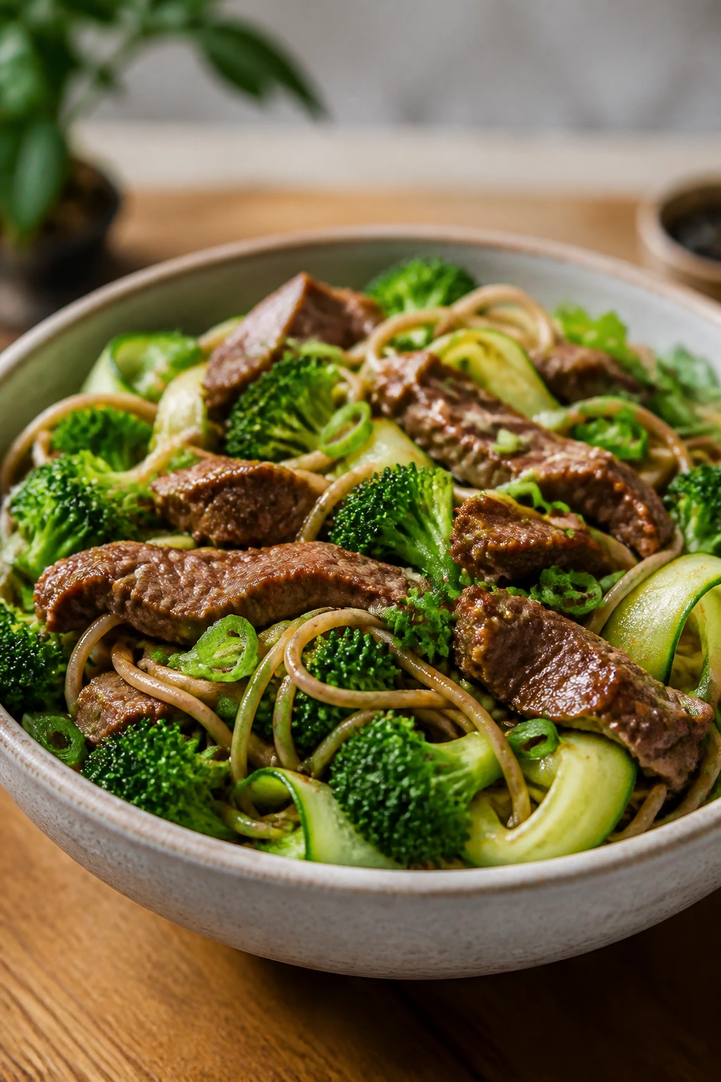 Beef, broccoli, and soba salad in a bright bowl on wooden table