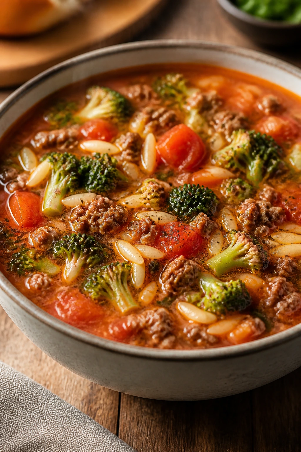 Steaming tomato broccoli orzo soup in a bowl