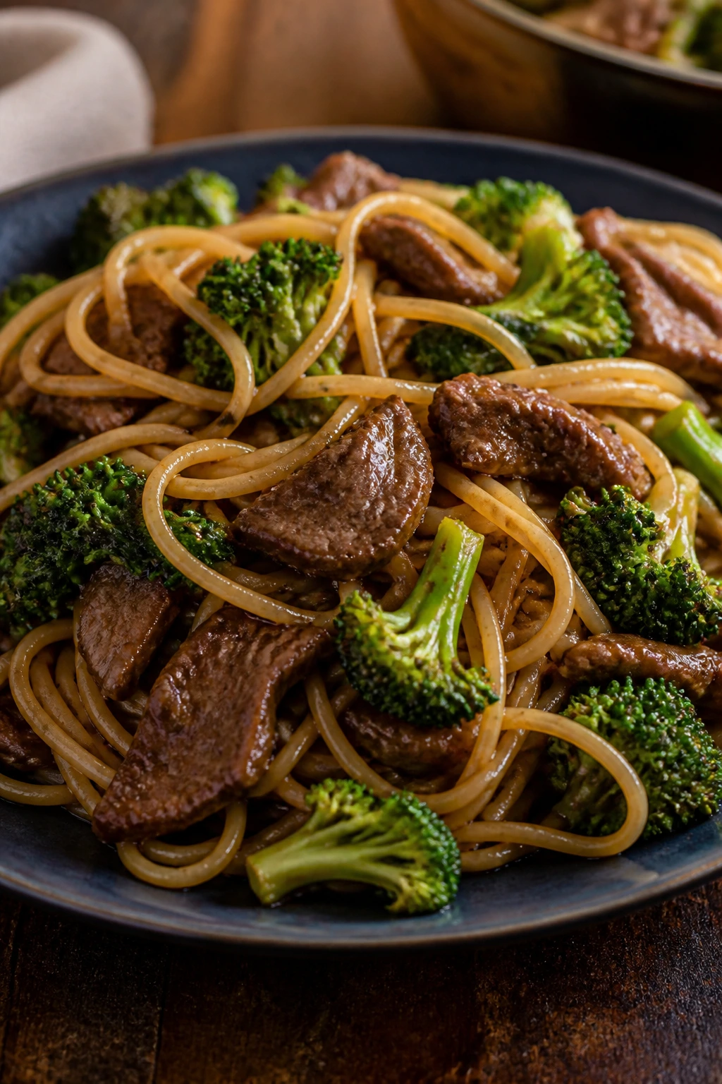 Plate of spaghetti with beef and broccoli in soy-garlic sauce