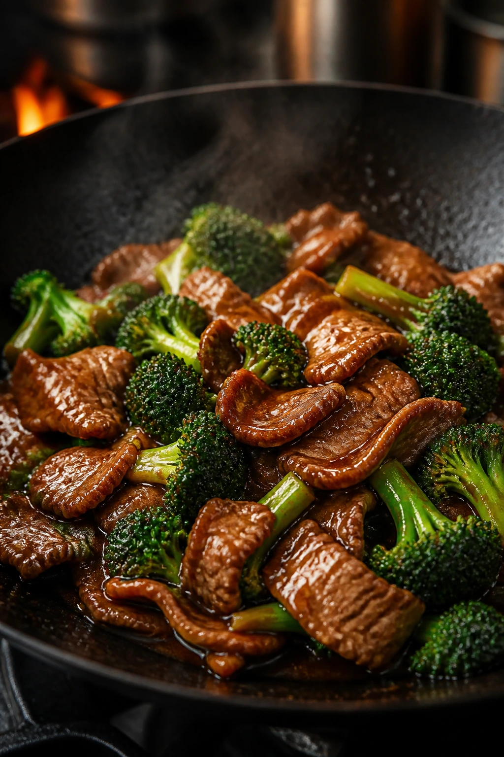 Close-up of beef and broccoli stir-fry with glossy sauce in a pan.