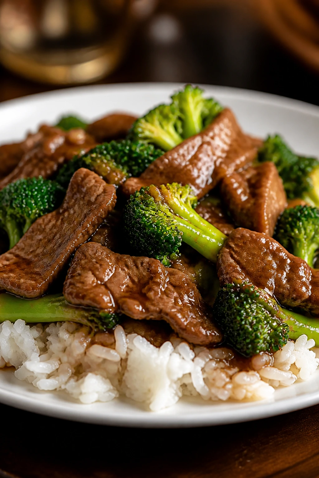 Beef and broccoli stir-fry over rice on plate