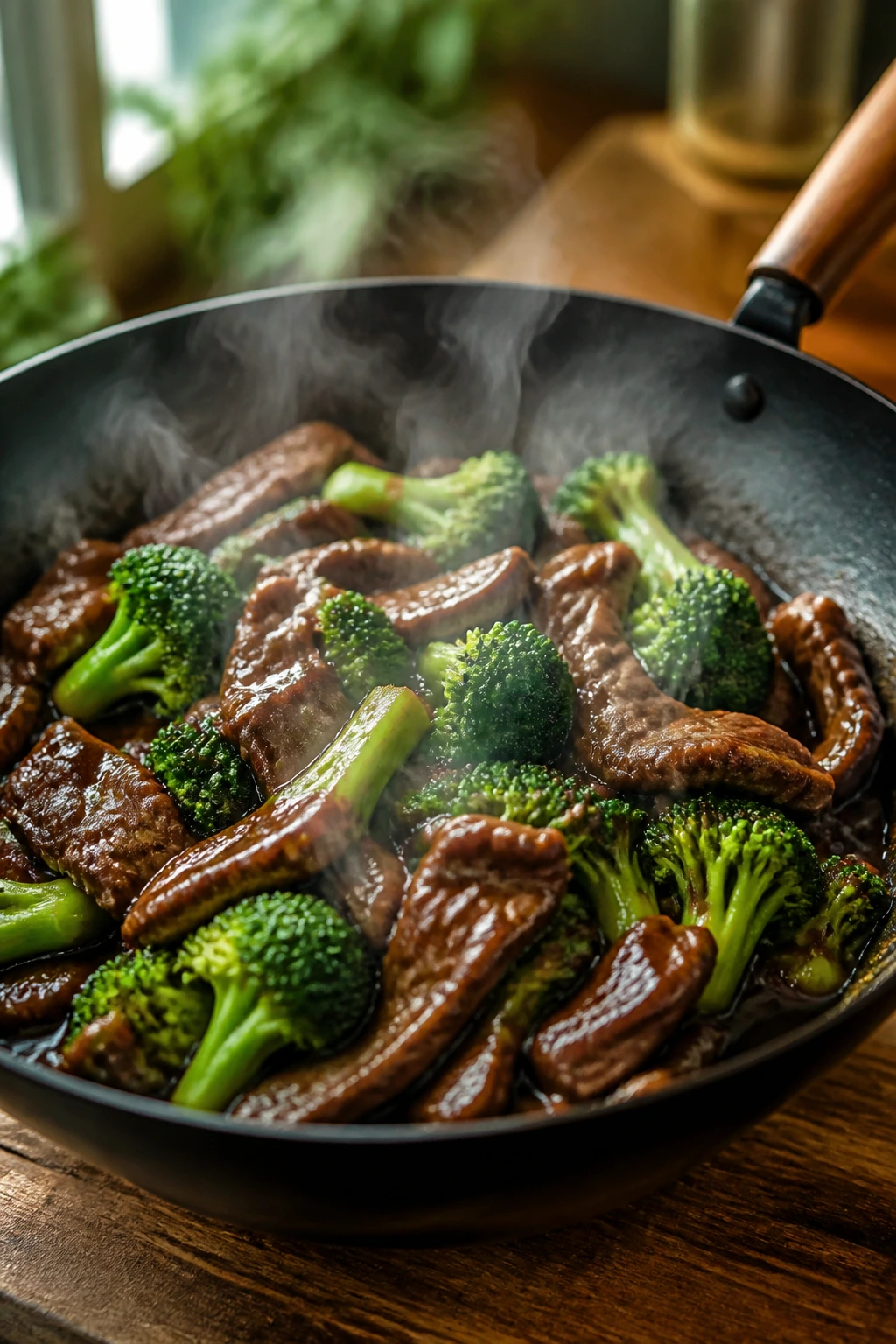 Sizzling beef and broccoli stir-fry in glossy sauce