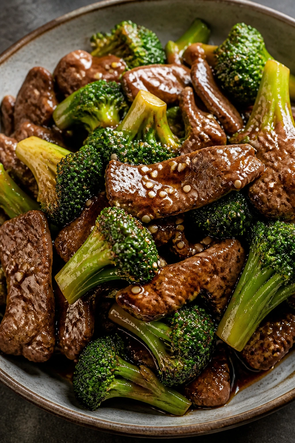 Close-up of beef and broccoli stir-fry on a plate