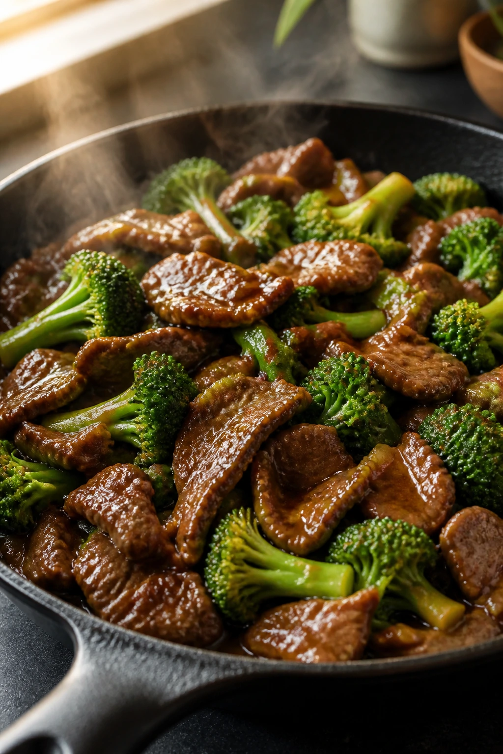 Close-up of beef and broccoli stir-fry in glossy sauce in a hot skillet