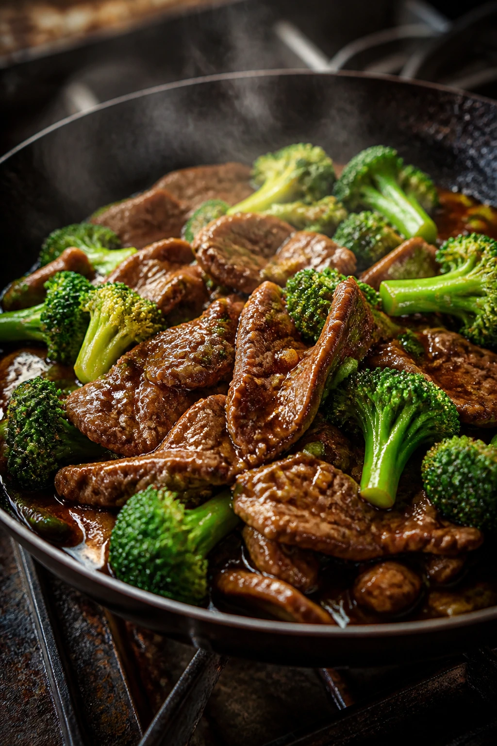 Close-up of glossy beef and broccoli stir-fry sizzling in a hot skillet with steam
