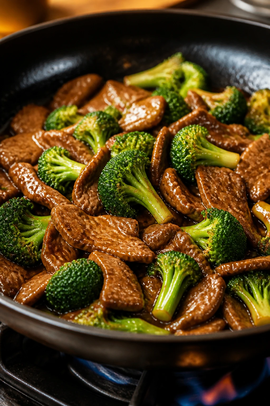 Beef and broccoli stir-fry in a glossy sauce in a hot wok