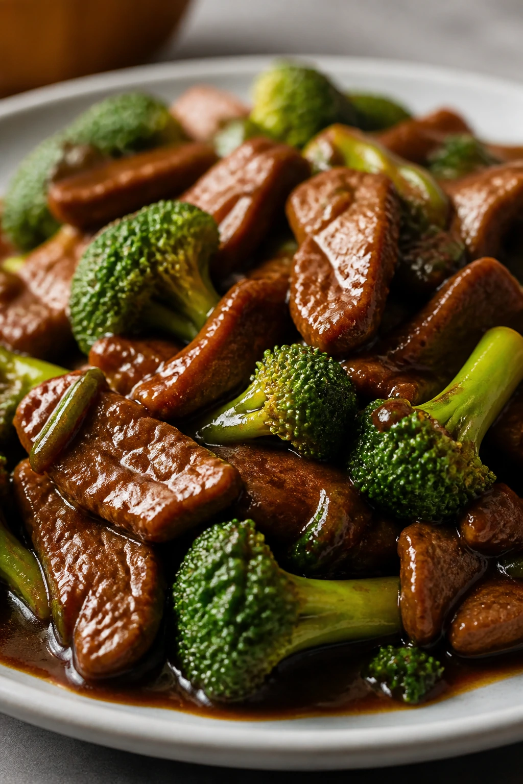 Beef strips with broccoli in savory sauce on plate