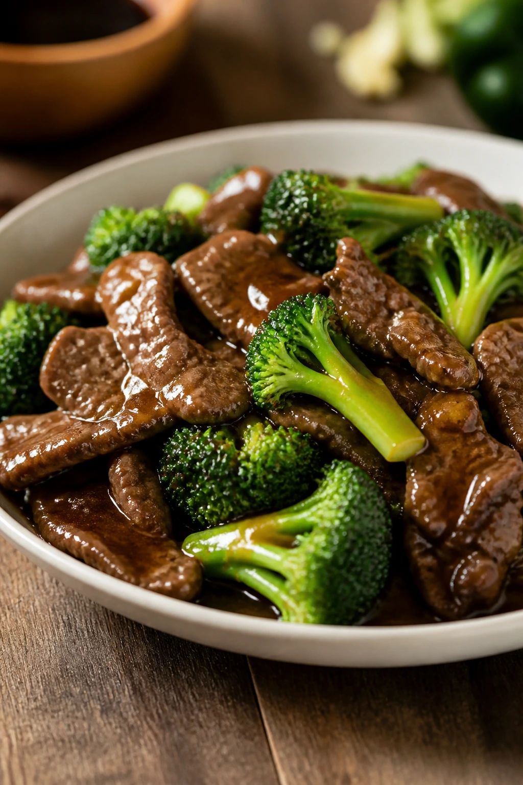 Beef and broccoli stir-fry with glossy sauce in a bowl