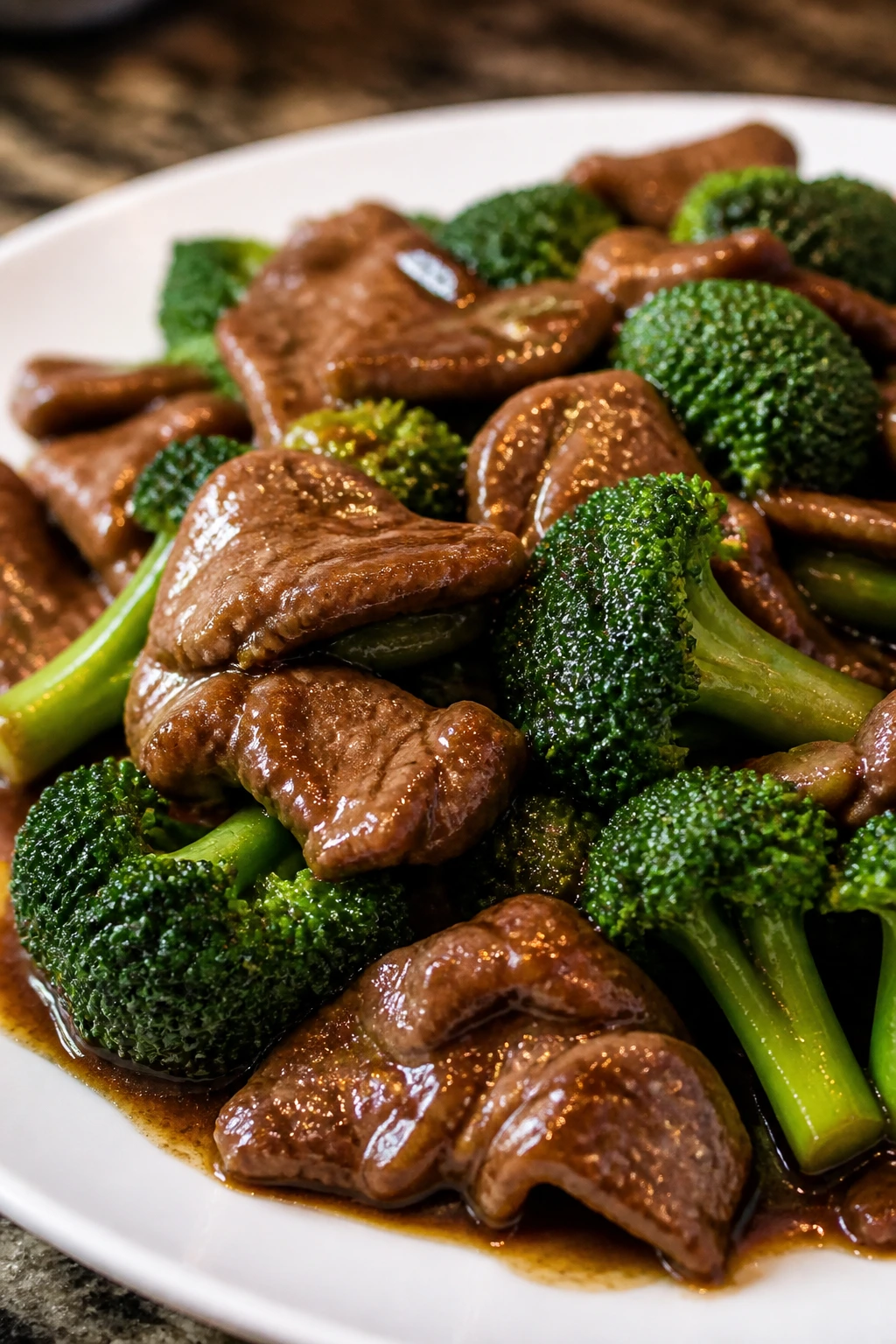 Beef and broccoli close-up with glossy sauce