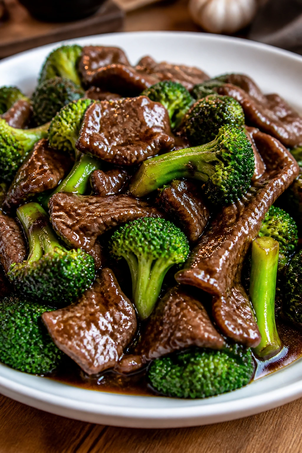 Close-up of beef and broccoli stir-fry on a plate
