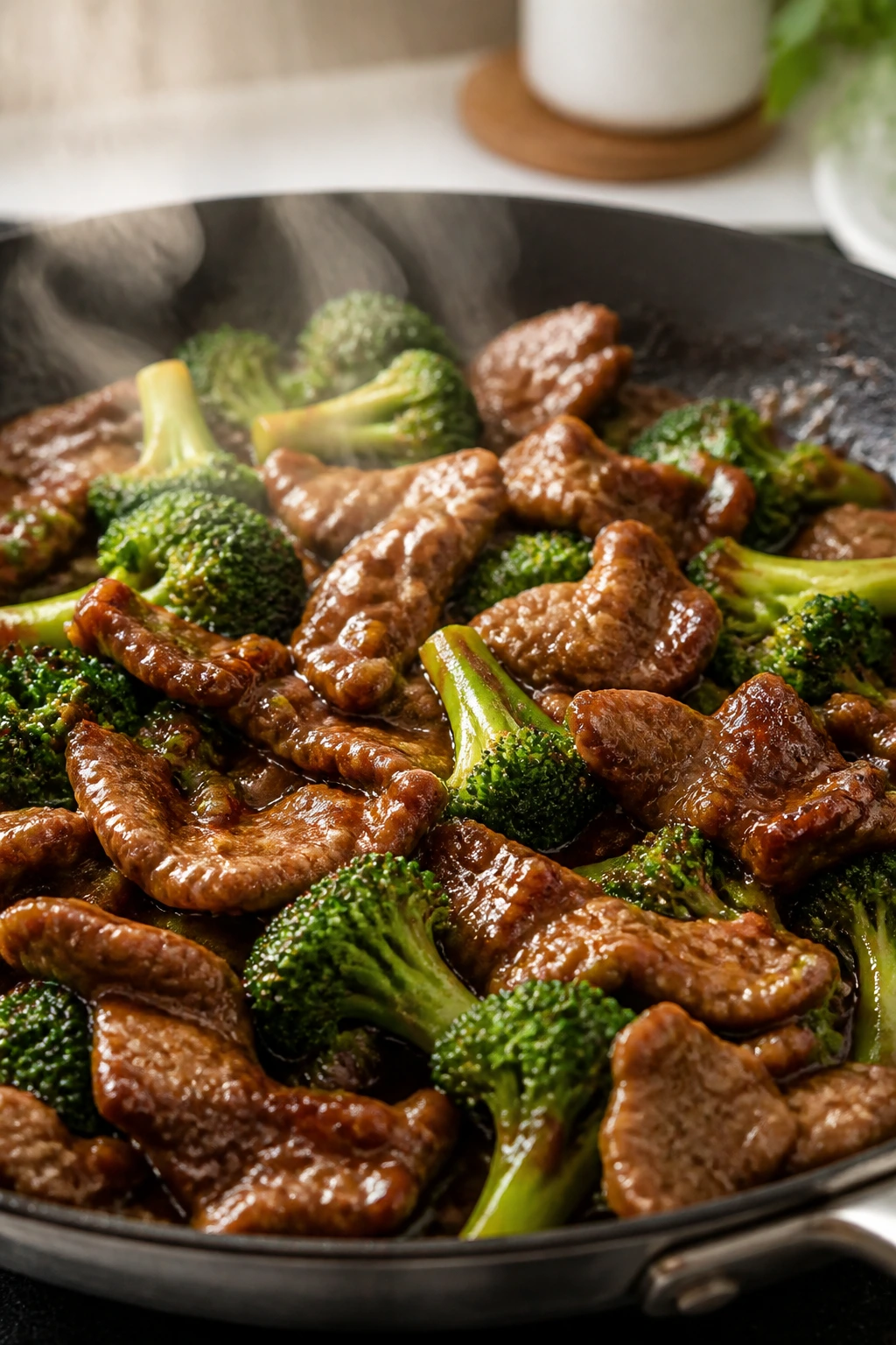 Close-up of beef and broccoli stir-fry in a glossy sauce