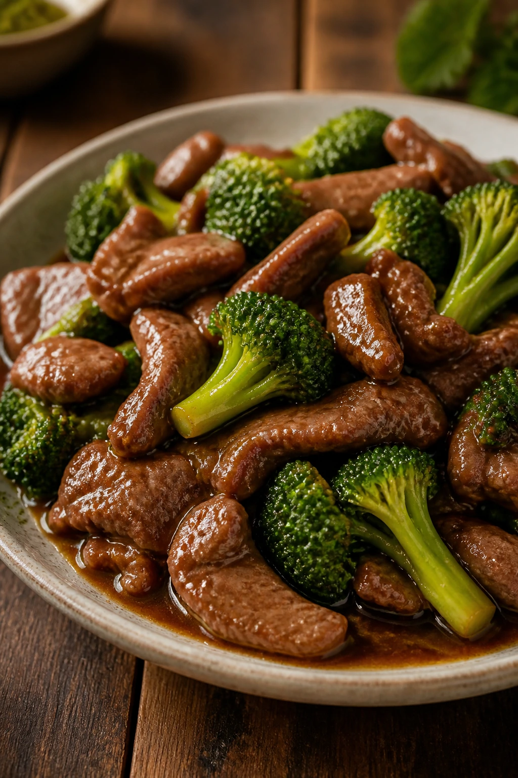 Beef and broccoli close-up on a rustic wooden table