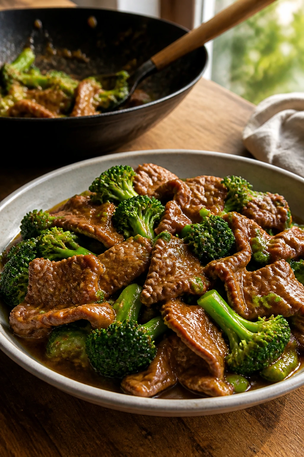 Beef and broccoli in glossy stir-fry sauce on plate