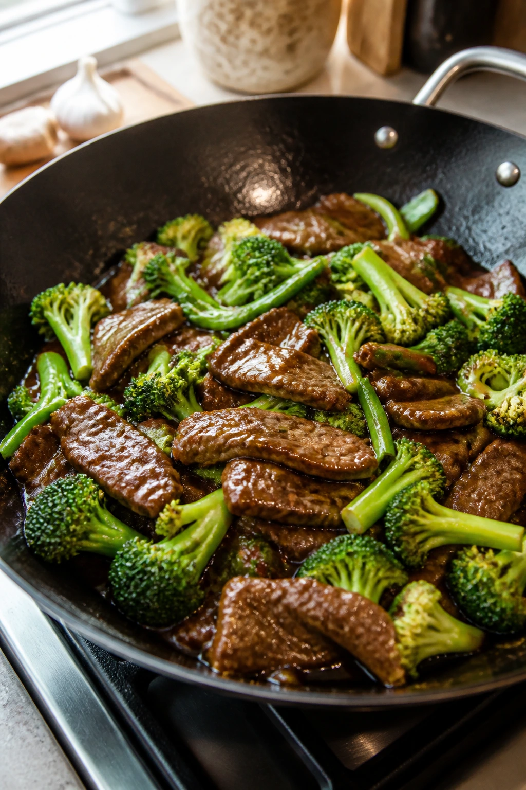 Close-up of glossy beef and broccoli stir-fry in a wok with warm kitchen lighting