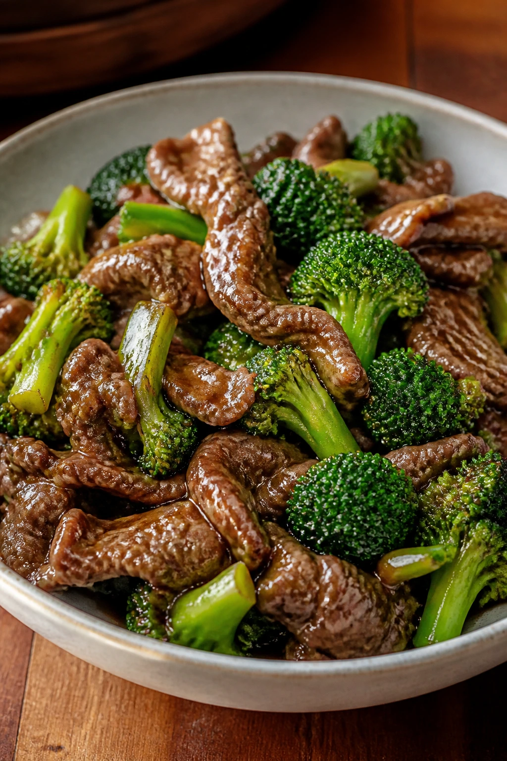 Beef and broccoli stir-fry in plate with glossy sauce