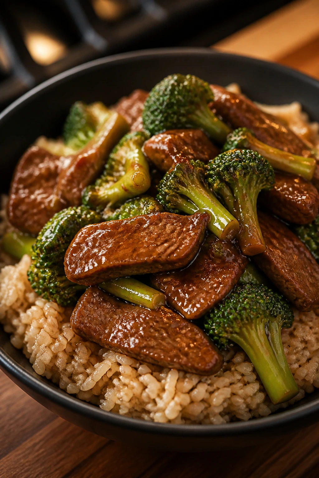 Beef and broccoli stir-fry over brown rice in a real home kitchen.