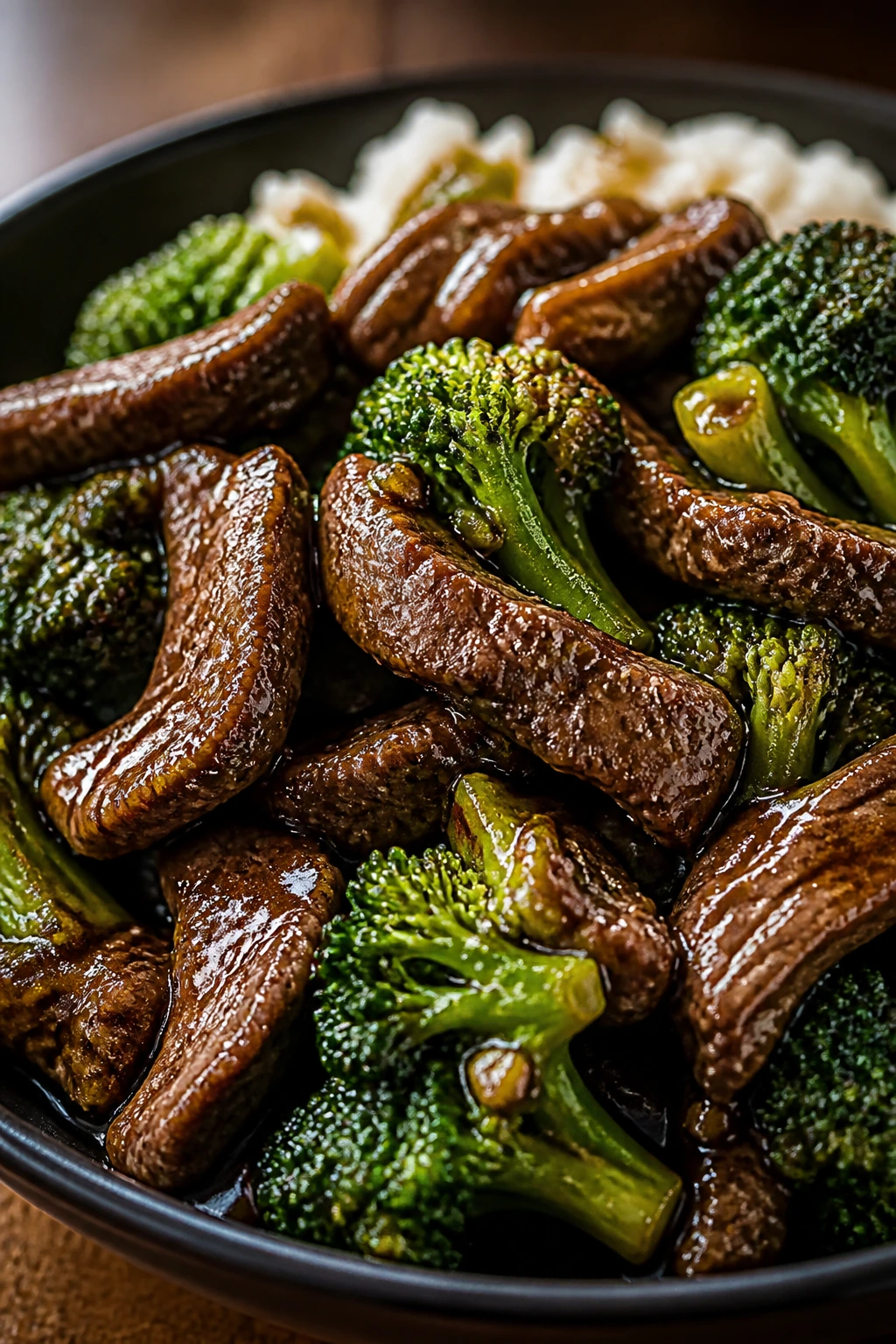 Beef and broccoli stir-fry with glossy sauce and broccoli
