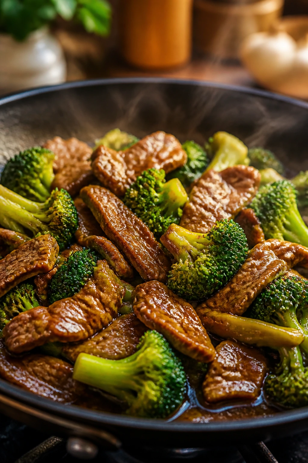 Close-up of beef and broccoli stir-fry in a skillet with glossy sauce.